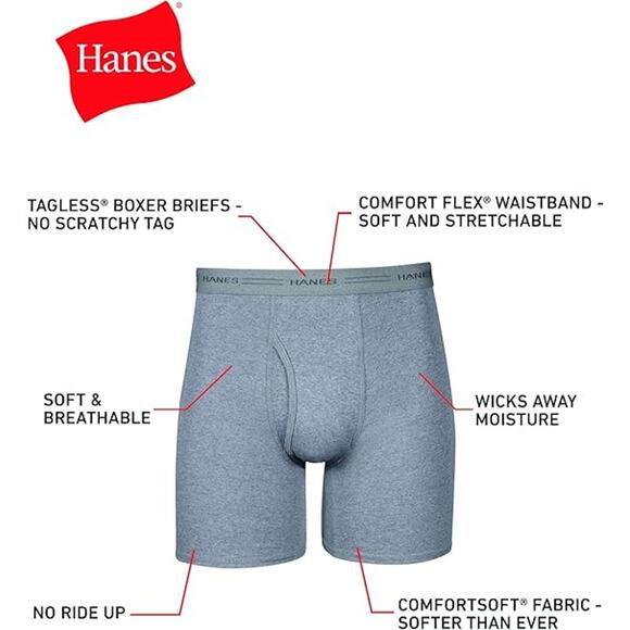 New 6 Pack Hanes Mens 2XL Solid Striped Tagless Boxer Briefs Underwear - Picture 2 of 4